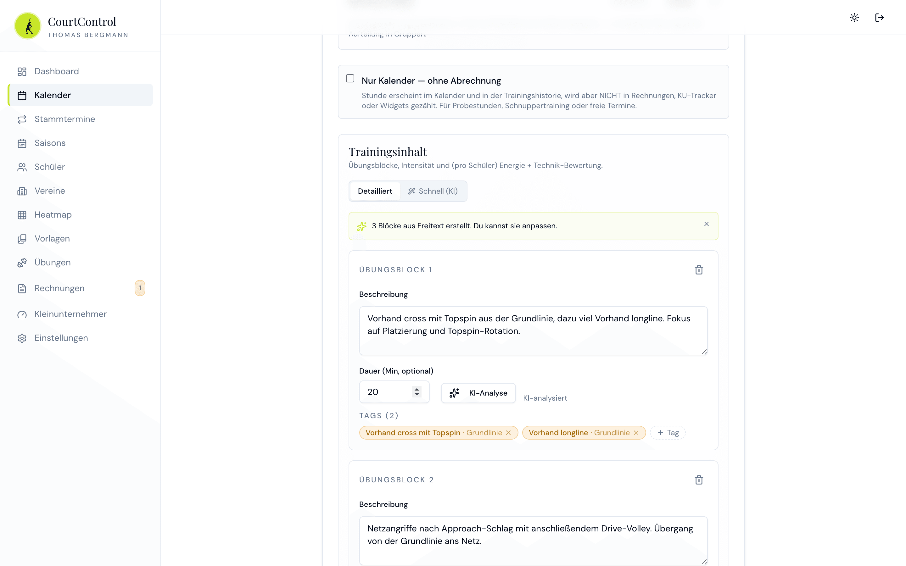 CourtControl KI-Quickmode für strukturierte Trainingsnotizen