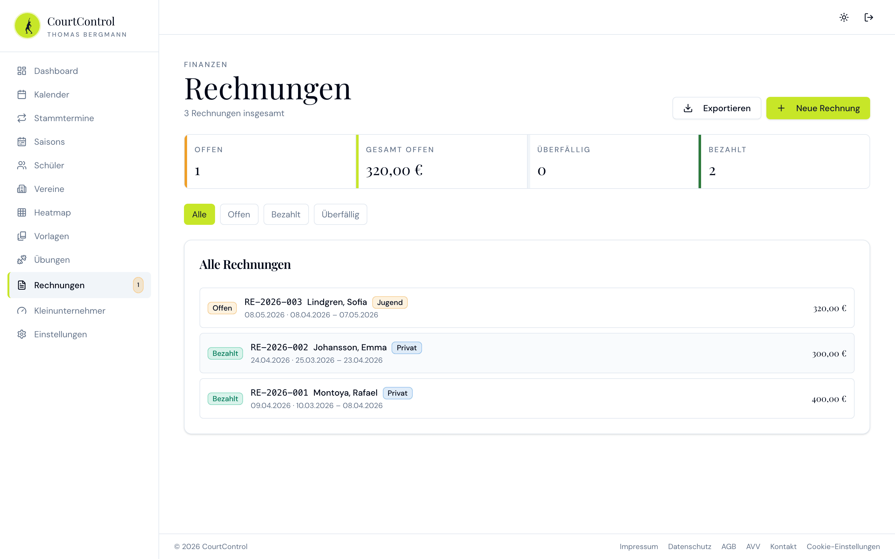 CourtControl Rechnungsliste mit Status und offenen Zahlungen
