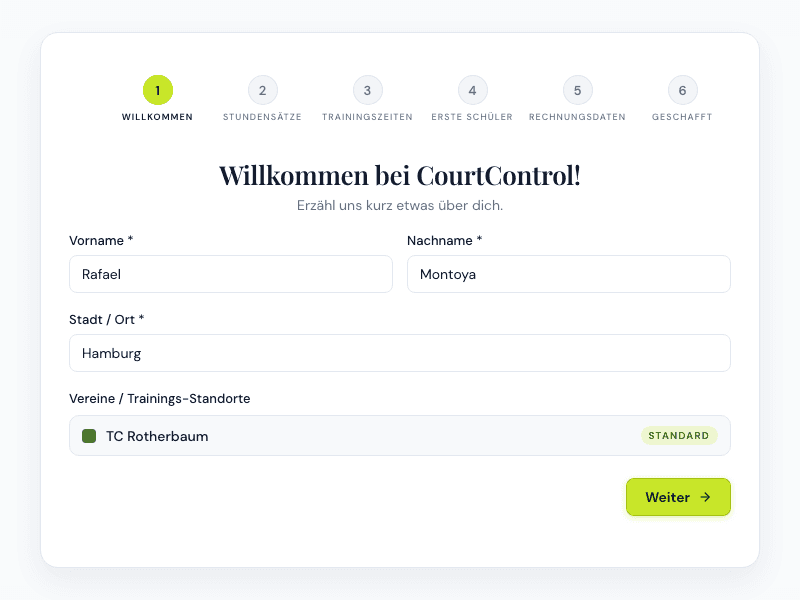 CourtControl Onboarding: Name & Stundensätze